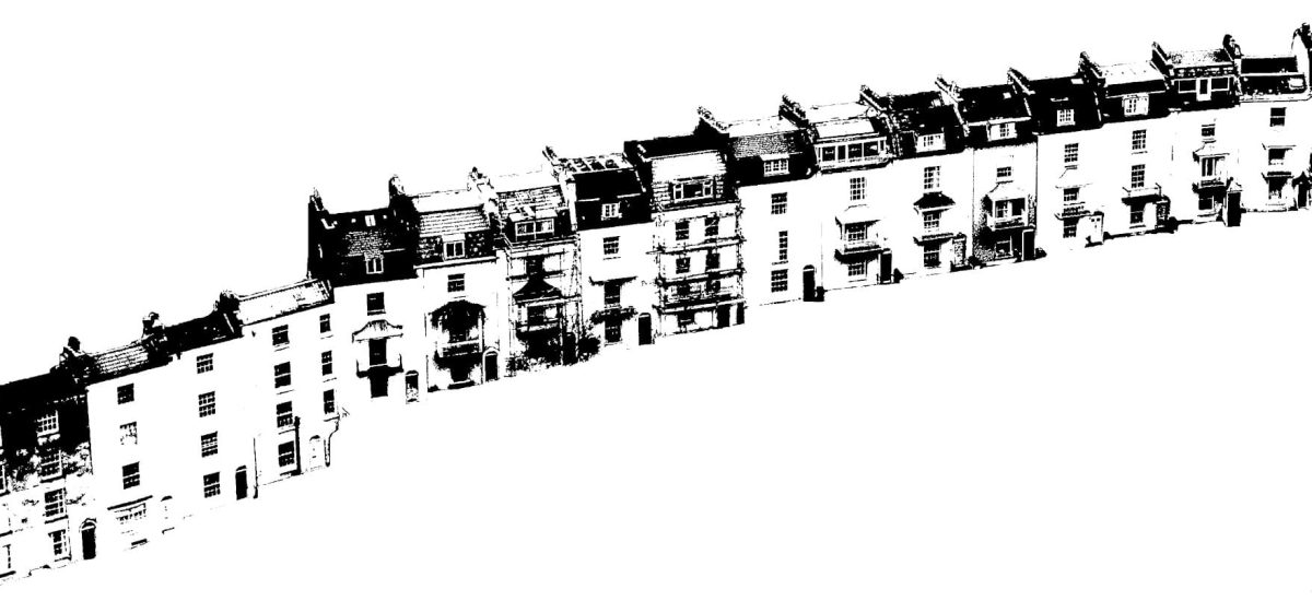 Artistic aerial view of a row of residential buildings.