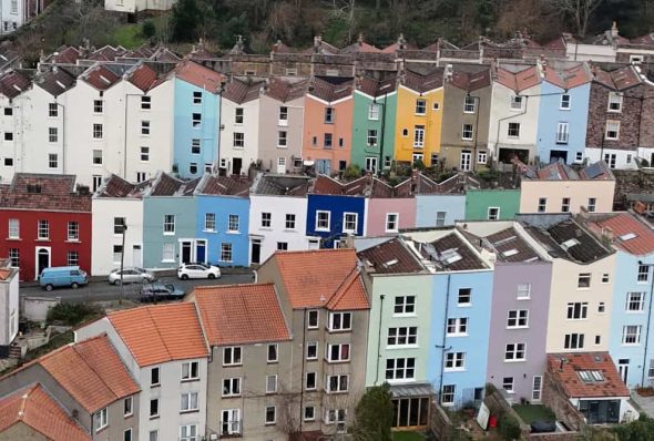 Bright, colourful houses in a lively neighborhood