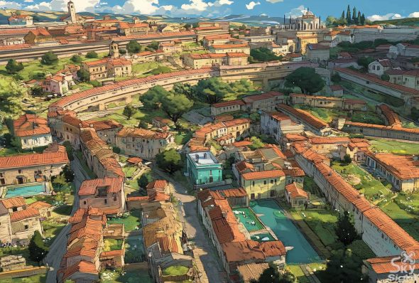 An artistic interpretation of a neighbourhood in Bristol, showing a Roman theme.