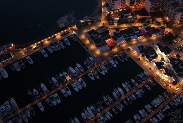 Aerial view of a marina in Santa Eulalia