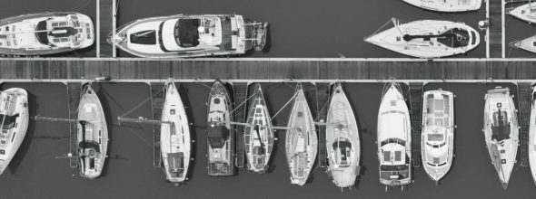 Marina with boats and yachts docked in Portishead, in black and white.