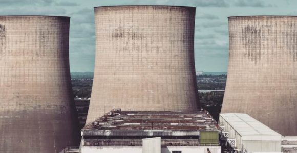 A portrait image of the large cooling towers at Ratcliffe power station, Midlands.