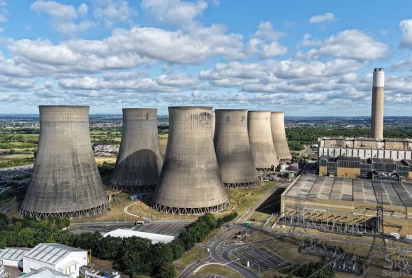 An aerial view showing the cooling towers and chimney at Ratcliffe power station.